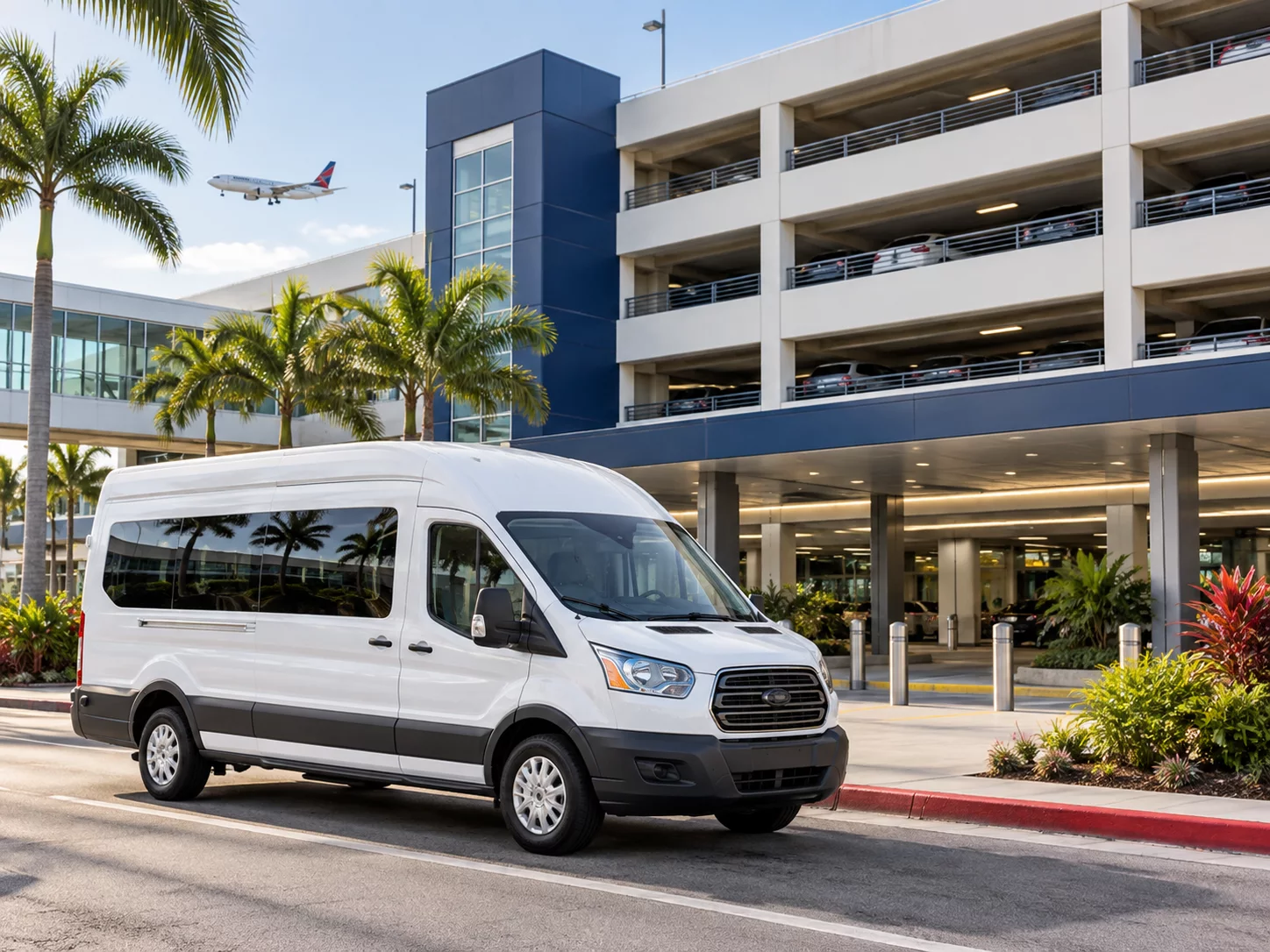 Airport shuttle outside a secure parking facility
